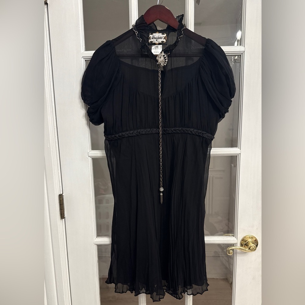 MEGHAN Los Angeles Women's Black 100% Silk Mock Neck Short Sleeve Ruffle Dress
